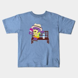 Mr.purple bear is blowing by hand fan Kids T-Shirt